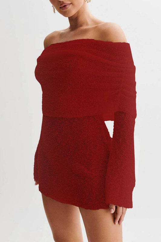 CWDSD7812_SHEER LONG SLEEVE ONE SHOULDER SHORT DRESS