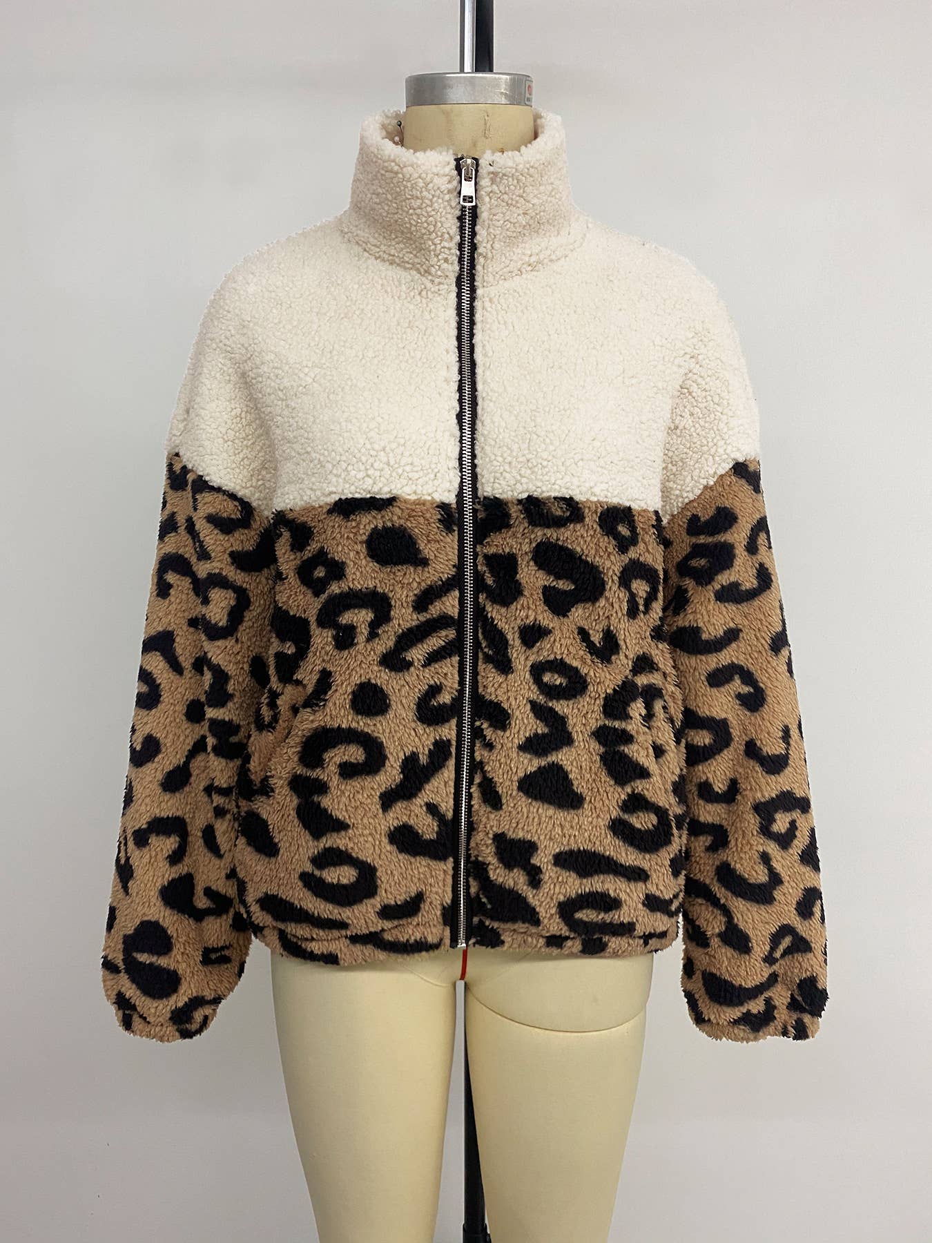 Leopard print color-blocked polar fleece coat