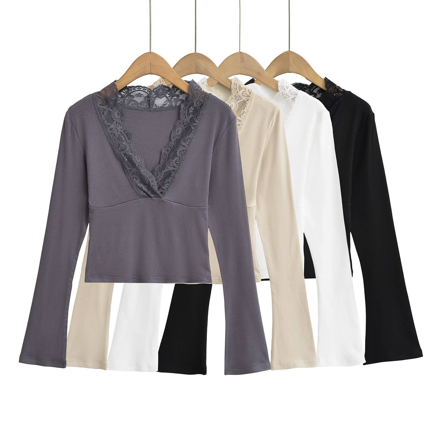 SPICE GIRLS DEEP V-NECK LACE PATCHWORK T-SHIRT