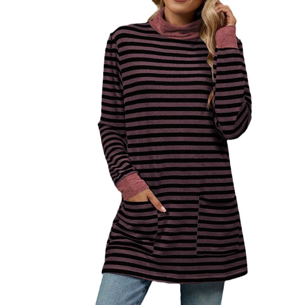 STRIPED BAGGY POCKET HIGH-NECK LONG-SLEEVED SHIRT