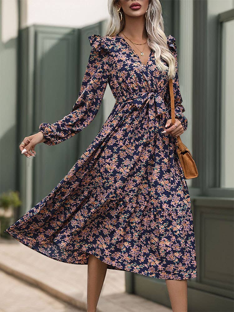 Ruffled long-sleeved printed V-neck dress