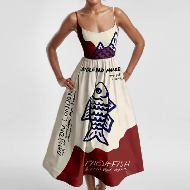 Fashion printed cinched waist,large halter dress