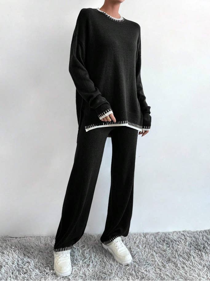 Two-piece of color-blocking sweater and trousers