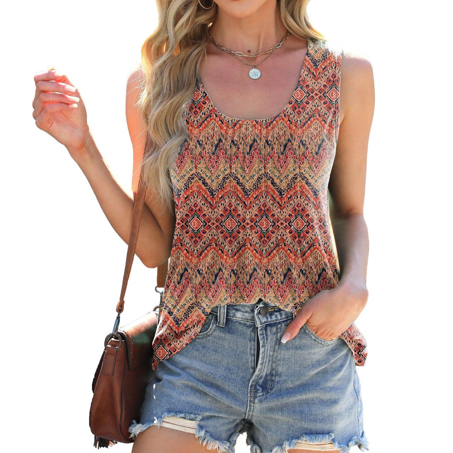 Round neck tie-dye printed sleeveless T-shirt