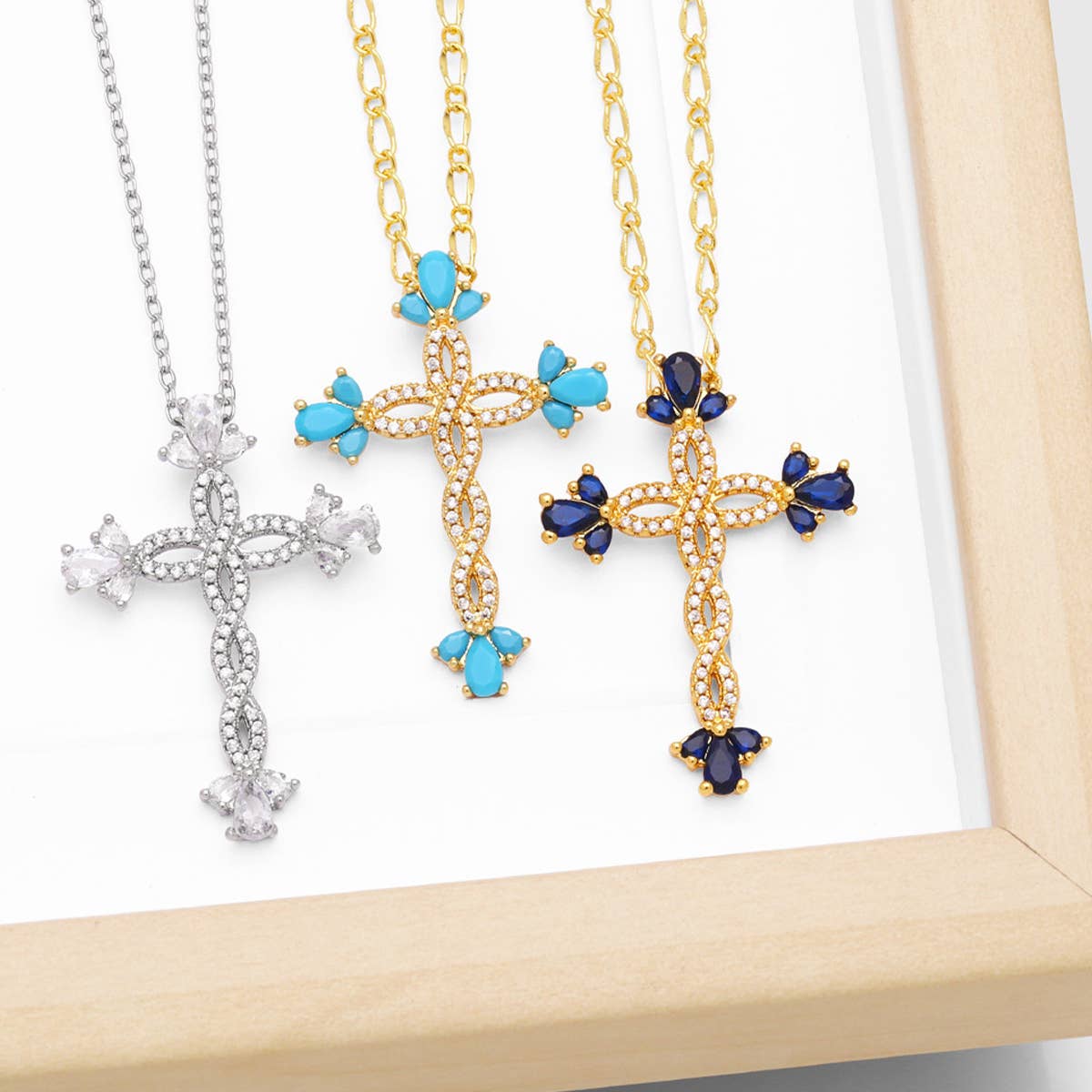 COLORED ZIRCON CROSS PENDANT NECKLACE