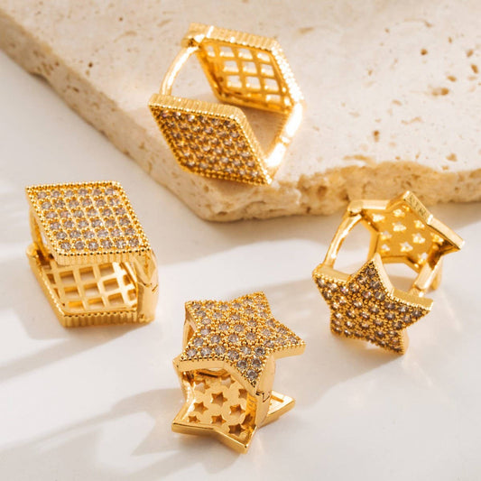 Star & Diamond CZ Hoop Earrings Dual-Sided Design_CWMM8514