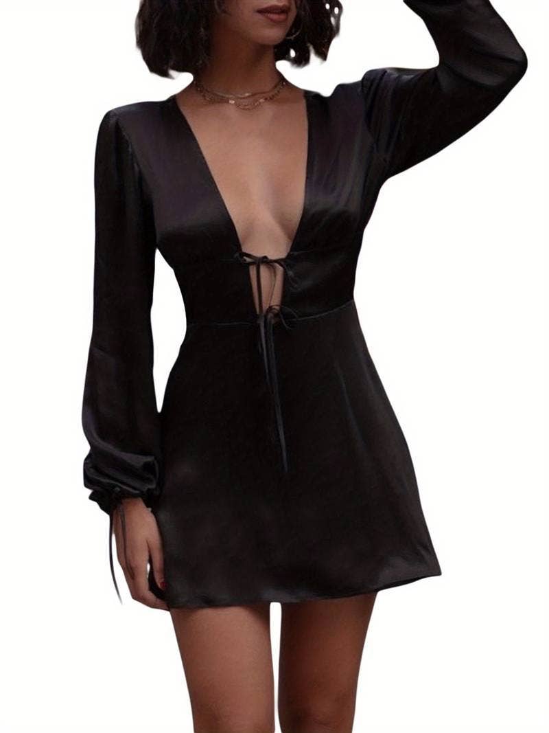 Sexy V-neck fall/winter dress, unique mini skirt