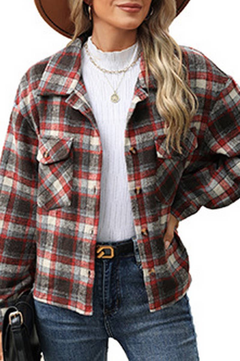 CWOCO0872_LONG SLEEVE LAPEL LOOSE POCKET PLAID COATS