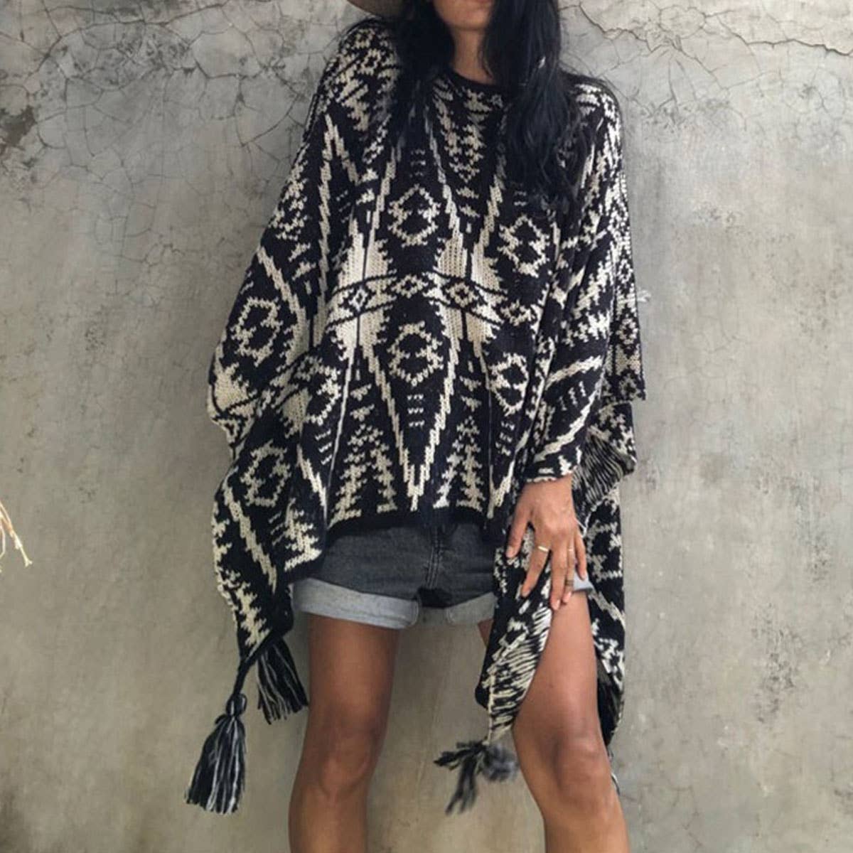 PULLOVER KNITTED CAPE SHAWL BAT PRINT TASSEL SHAWL_CWASC1539