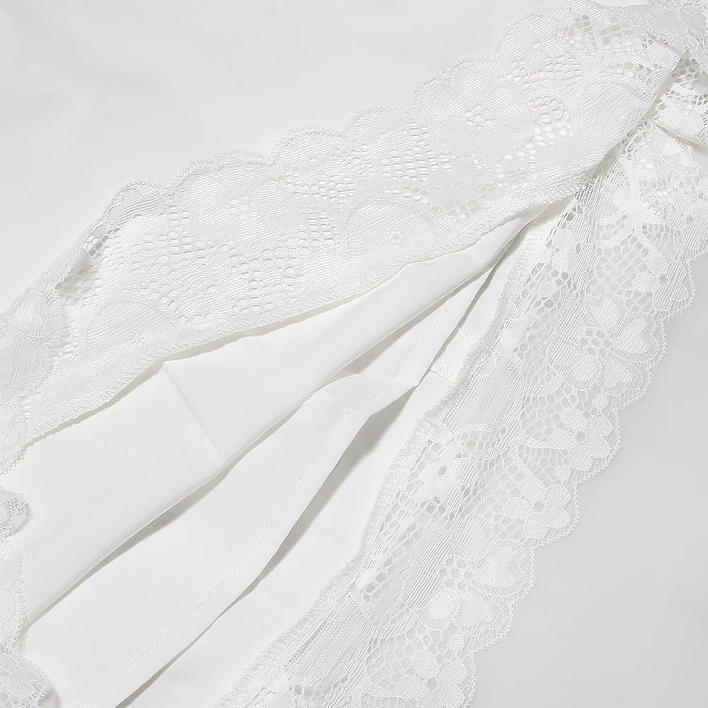 Lace-trimmed square-neck fitted backless dress