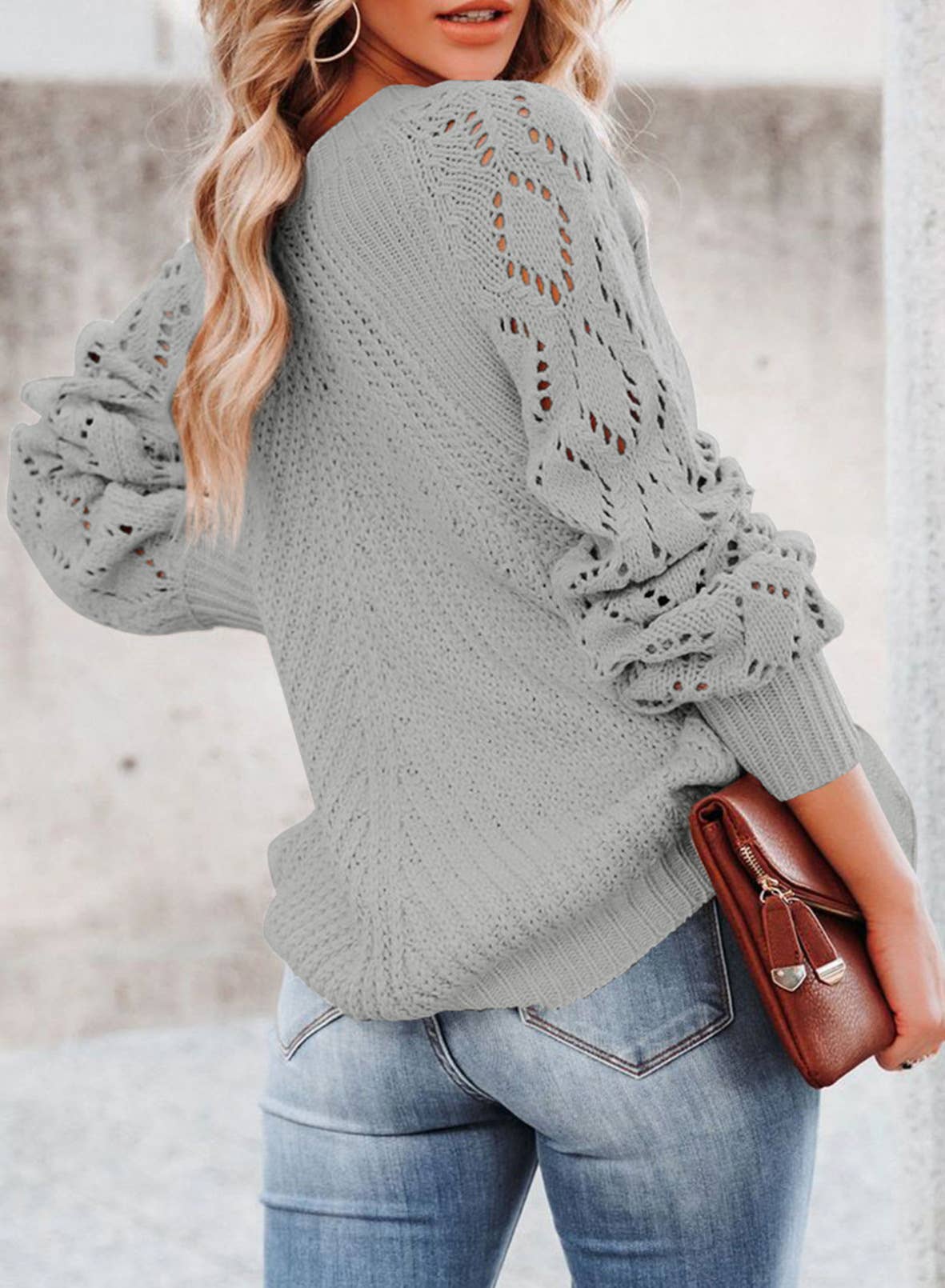 HOLLOW-OUT PATTERN SOLID COLOR CREW NECK SWEATER