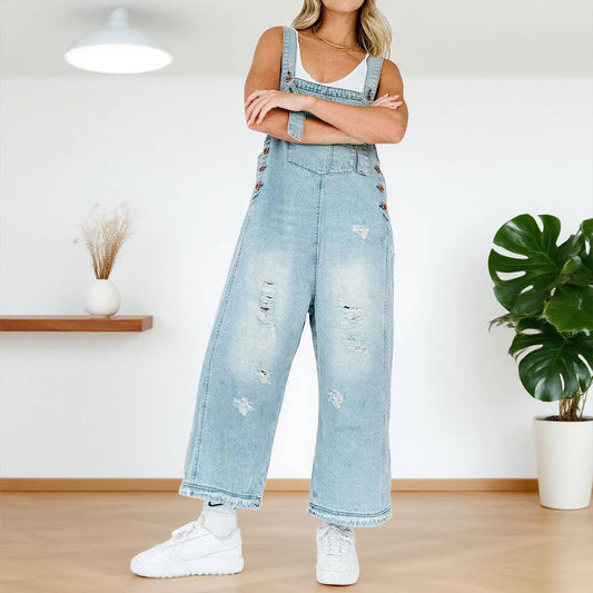 Retro distressed,ripped loose wide-leg overalls