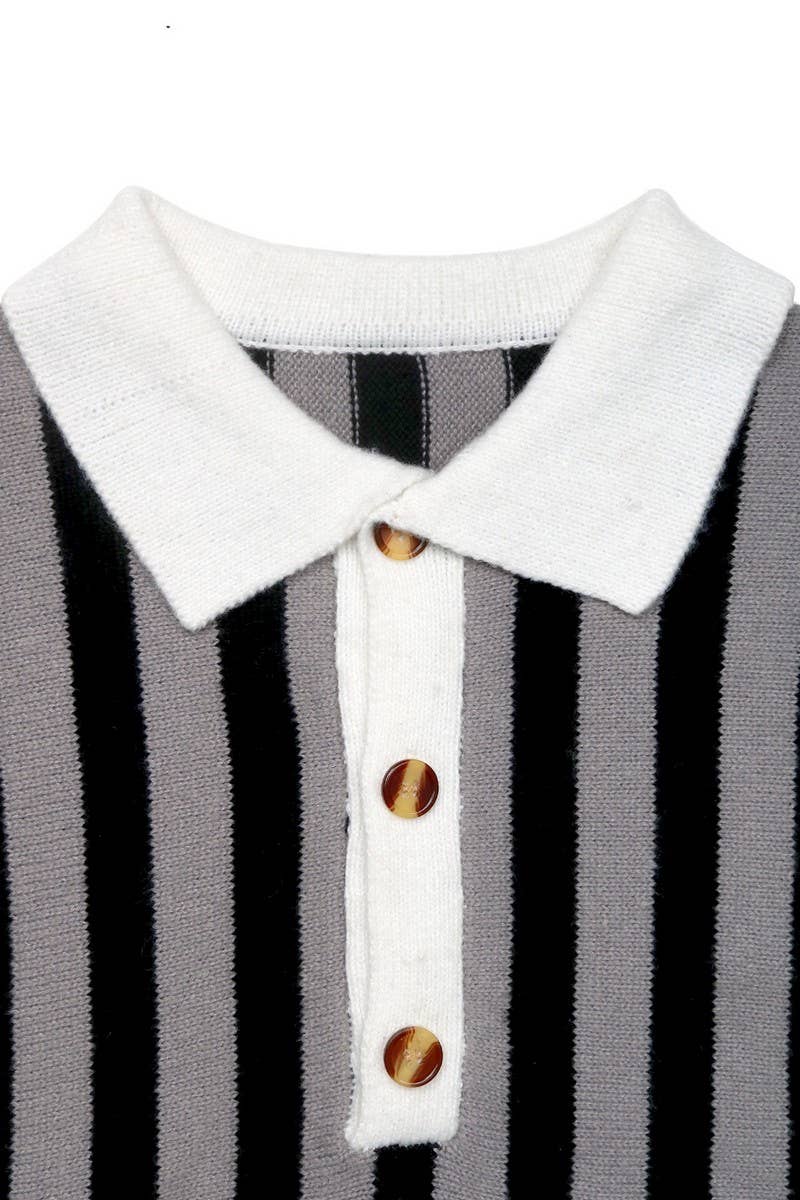 CWOSWL07129_VERTICAL STRIPED LAPEL KNITTED PULLOVER SWEATER