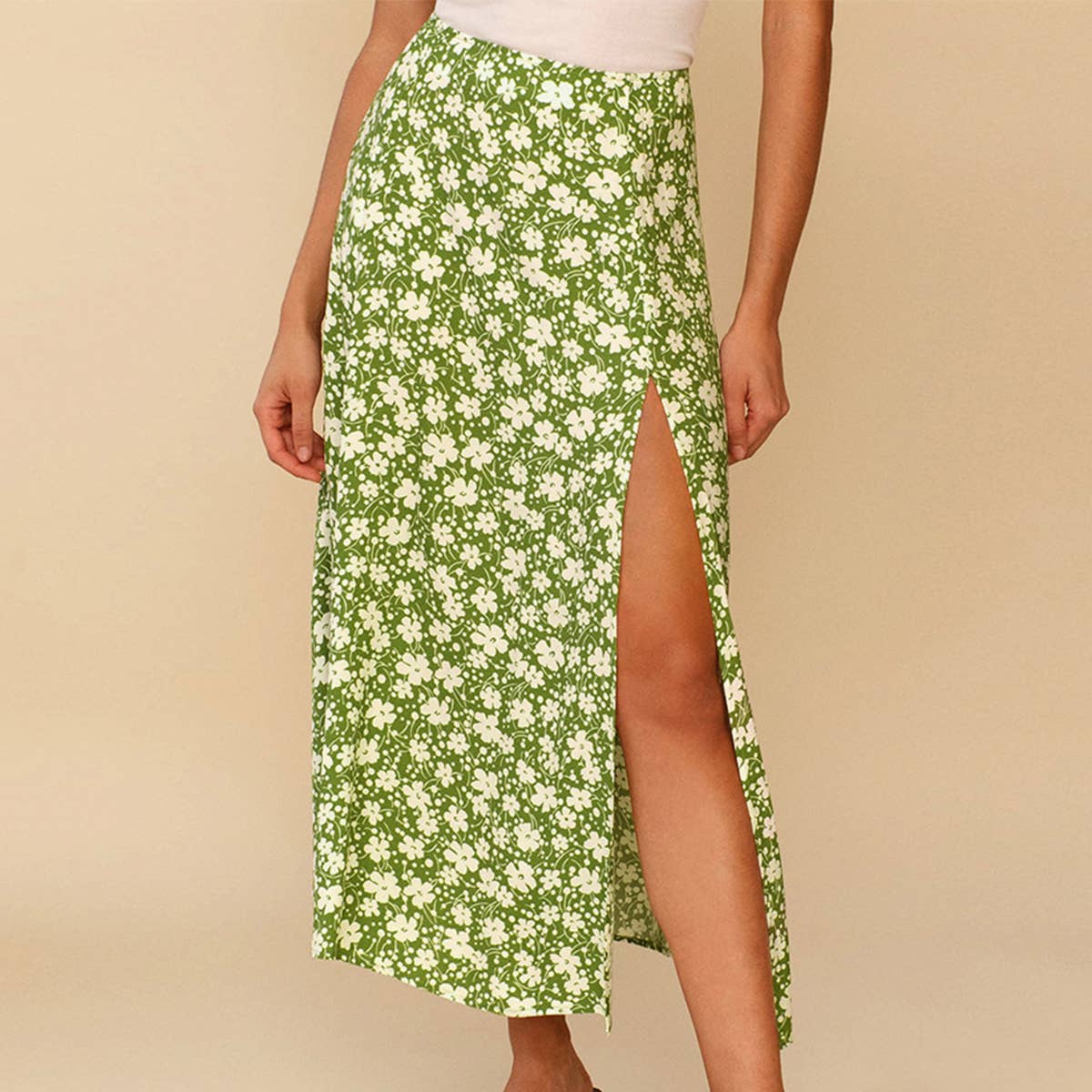 Floral High Waist Slit Midi A-Line Skirt