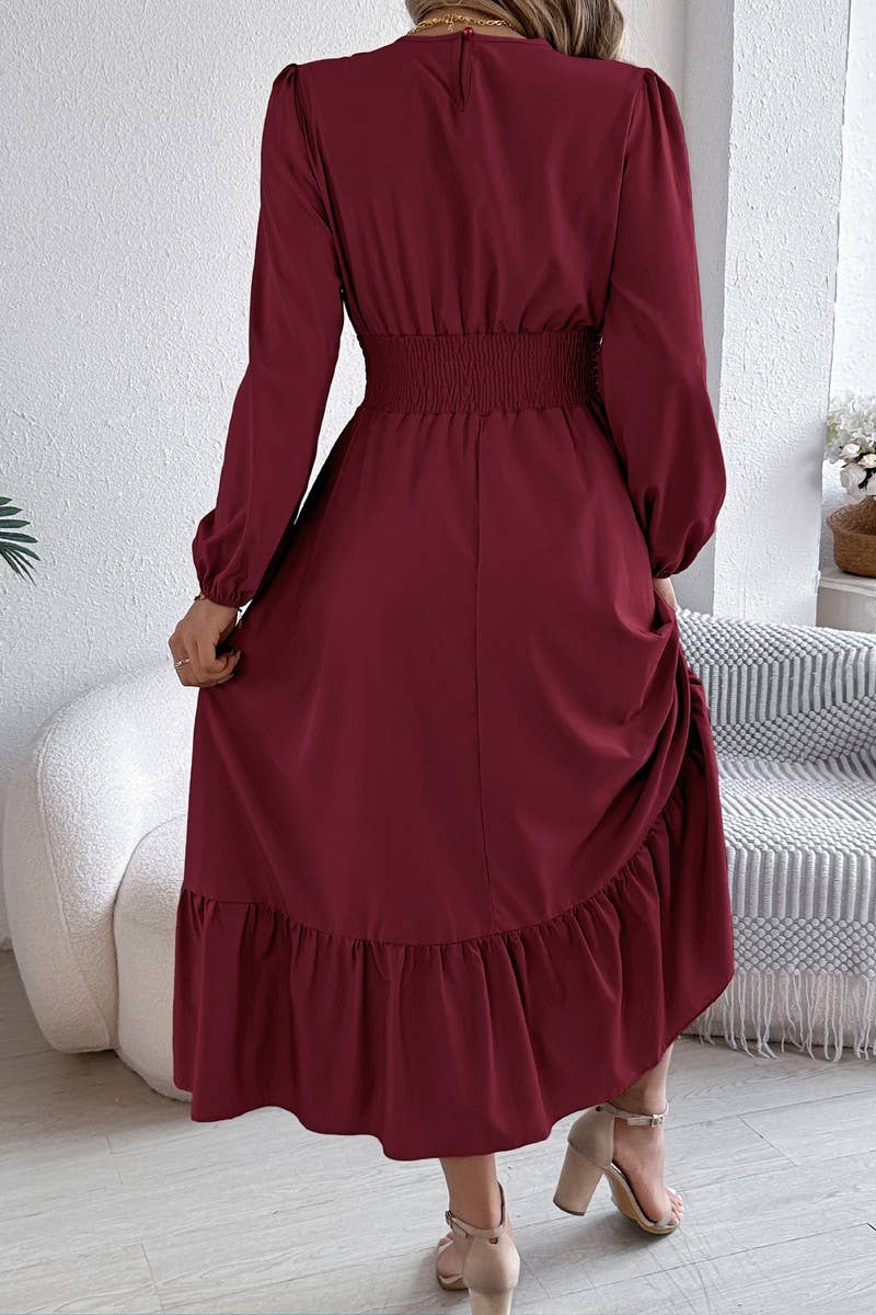 CWDMD6024_SOLID ELEGANT RUFFLE WAIST PLEATED MAXI DRESS