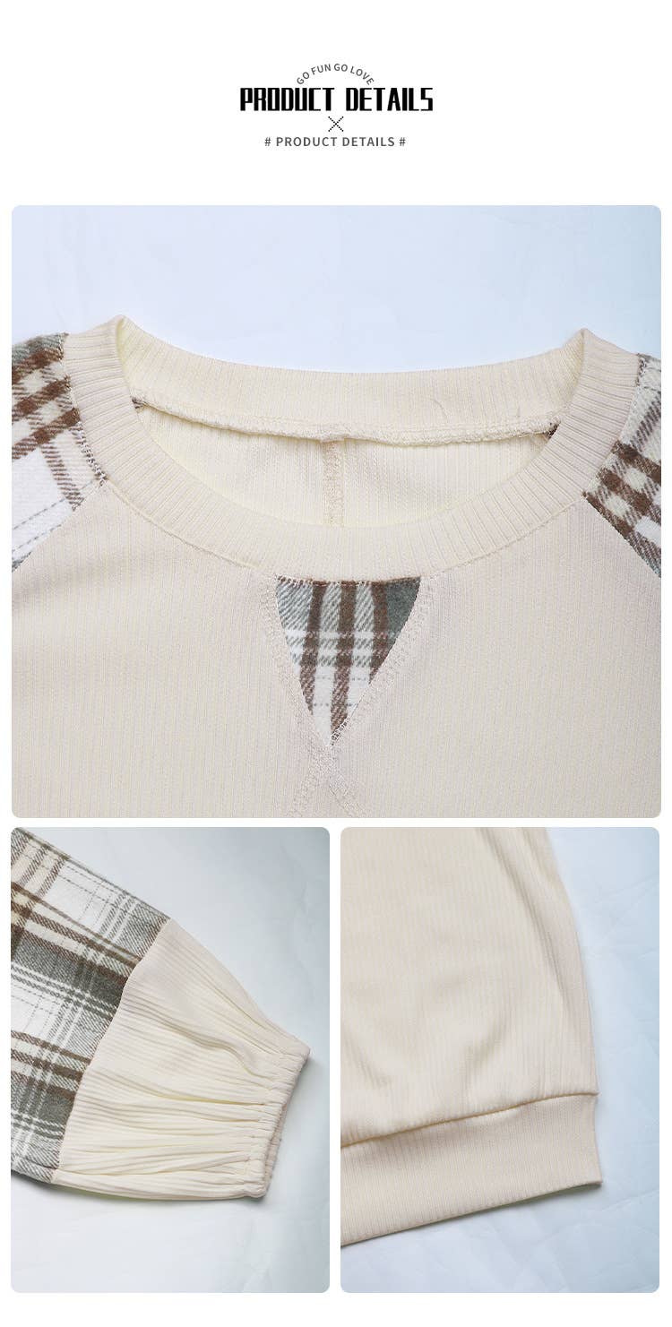Checkered color-blocking round-neck hoodie