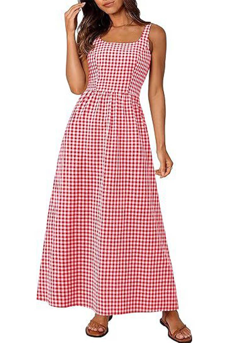 CWDHL1084_SPAGHETTI STRAP SQUARE NECK PLAID SHIRRED DRESS