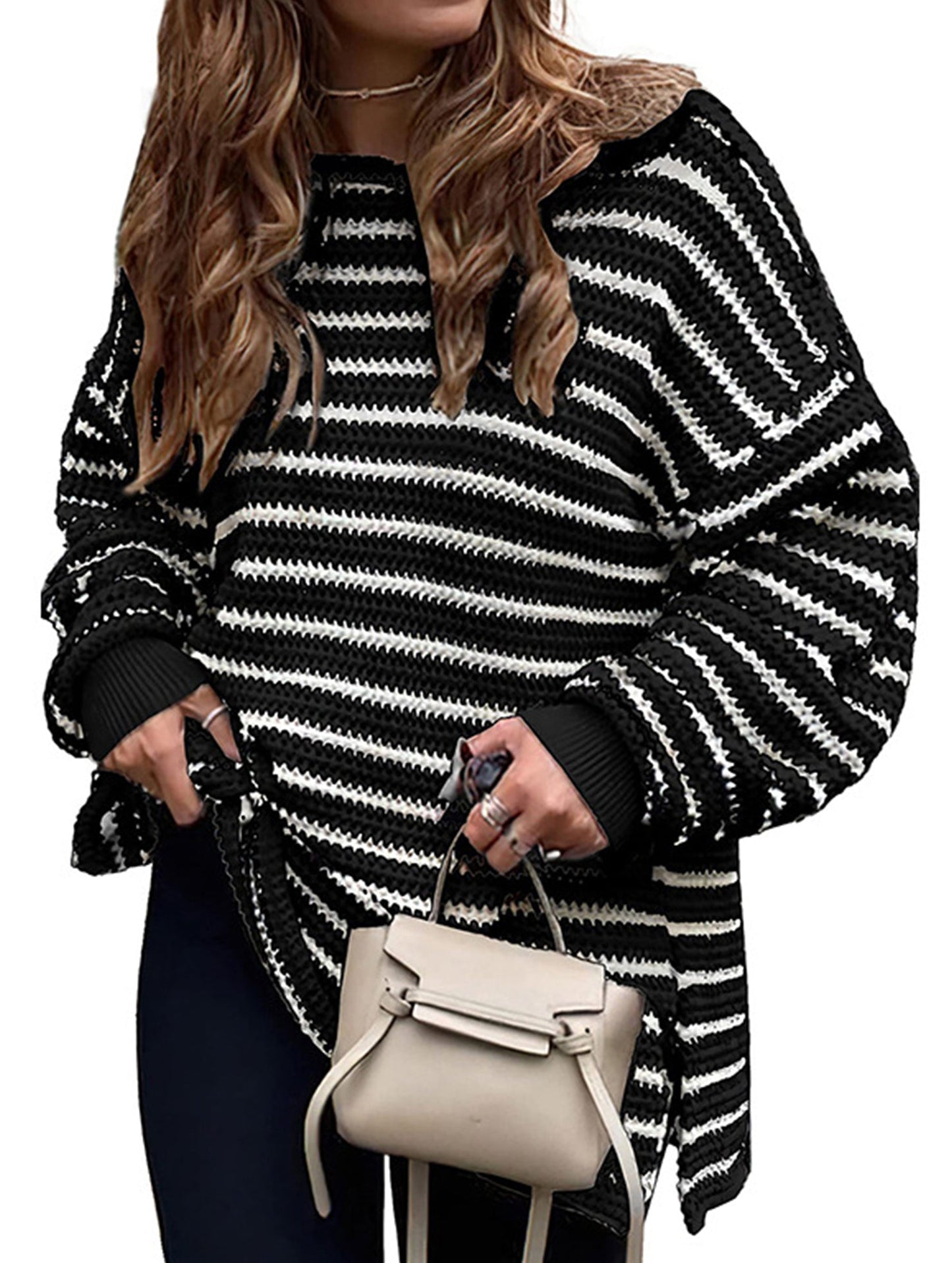 Loose-fitting turtleneck sweater with stripes