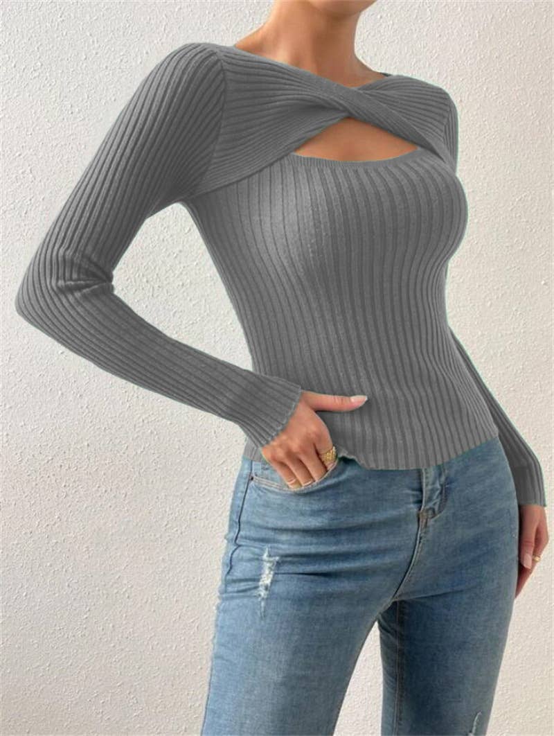 Sexy cut-out pullover solid-color knitted top