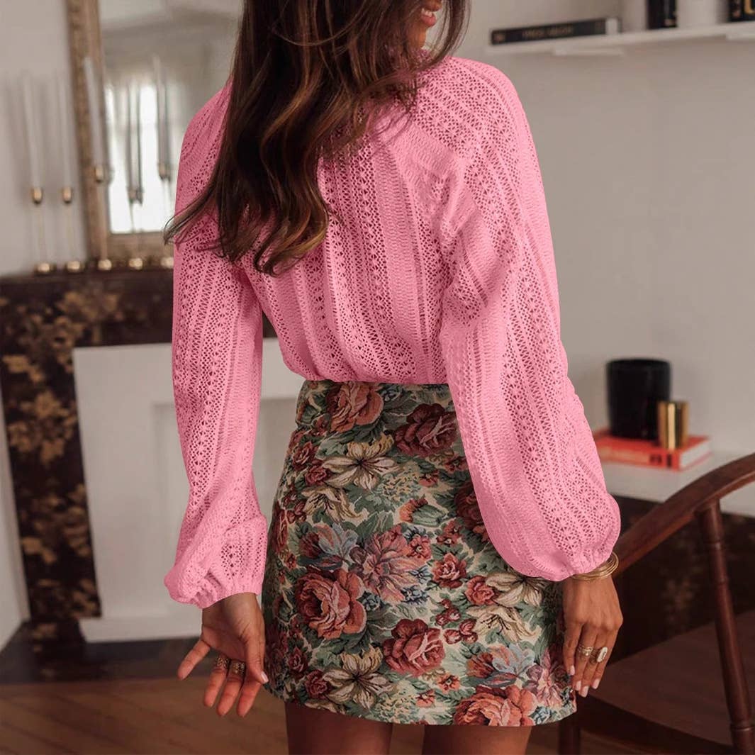 Hollowed-out lace V-neck single-breasted shirt