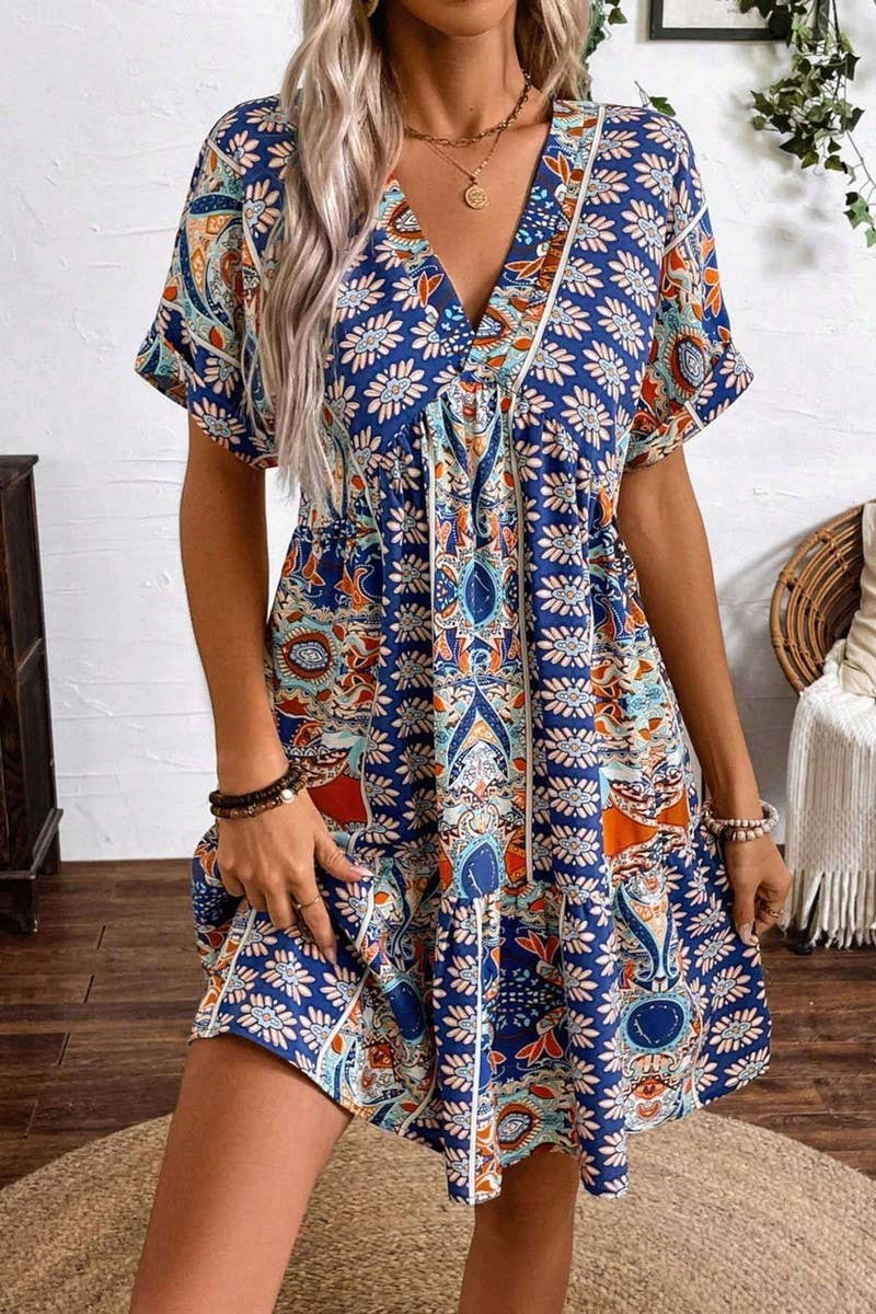 CWDSD6961_PRINTED V-NECK HIGH WAIST BAT SLEEVES DRESS
