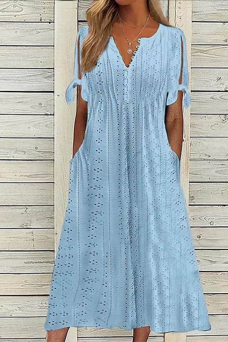 CWDMD5497_SUMMER V-NECK LACE HOLLOW RUFFLE DRESS