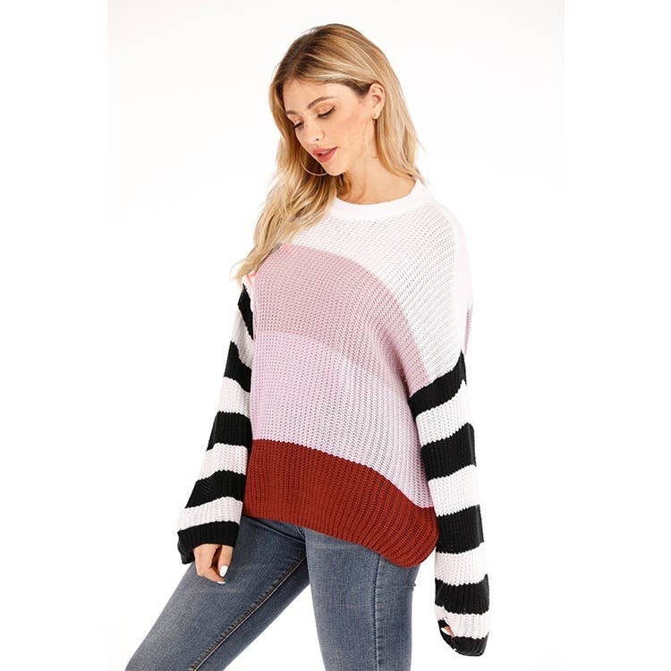 STRIPED SPLICED PULLOVER SWEATER IN INTERCOLOR