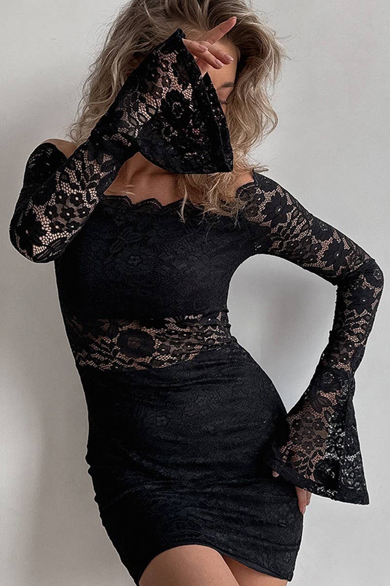 CWDMD954_SEXY LACE ONE-SHOULDER BLACK SLIM-FIT PURE DRESS