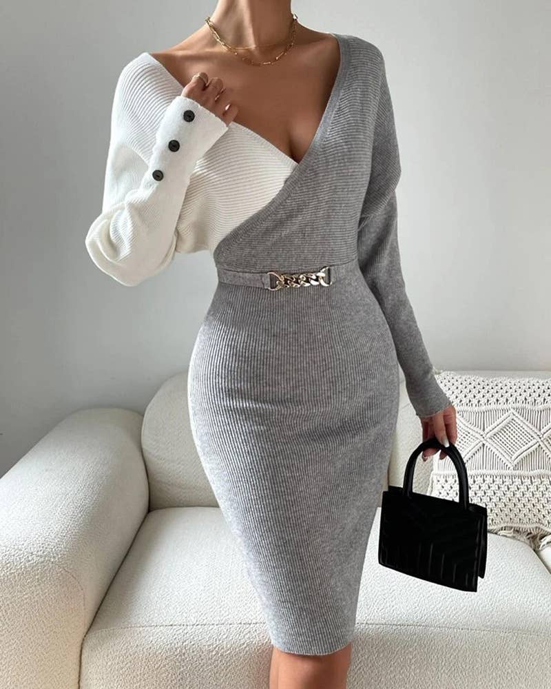 LONG SLEEVE V-NECK PATCHWORK MID-LENGTH DRESS