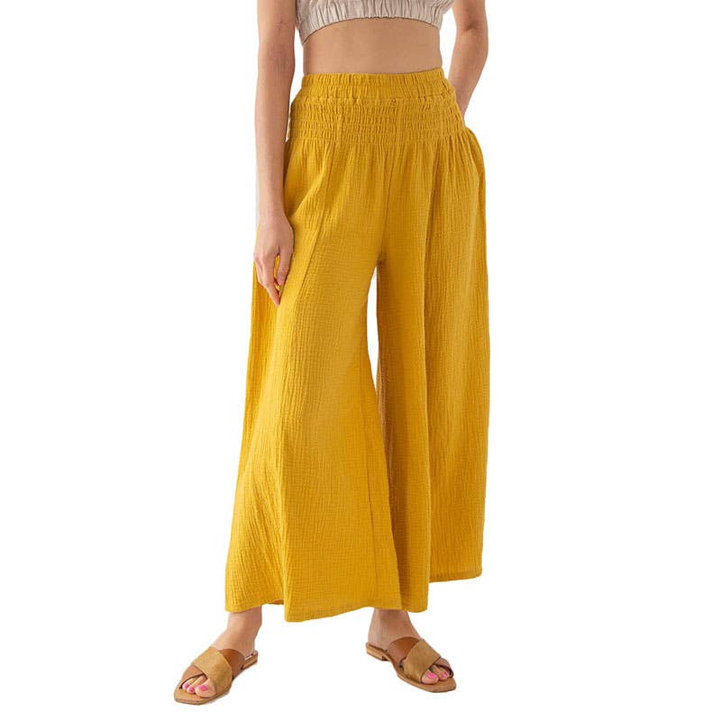 ELASTIC HIGH-WAISTED COTTON WIDE-LEG PANTS