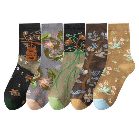 CWMS02748_VINTAGE ART FLORAL CREW SOCKS WOMEN AESTHETIC