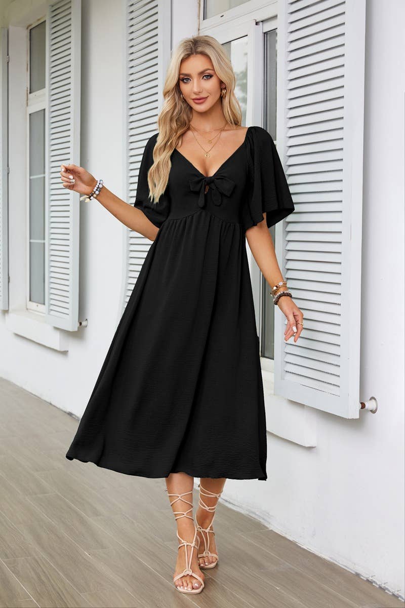 V-neck bow pleated mid-length short-sleeved dress