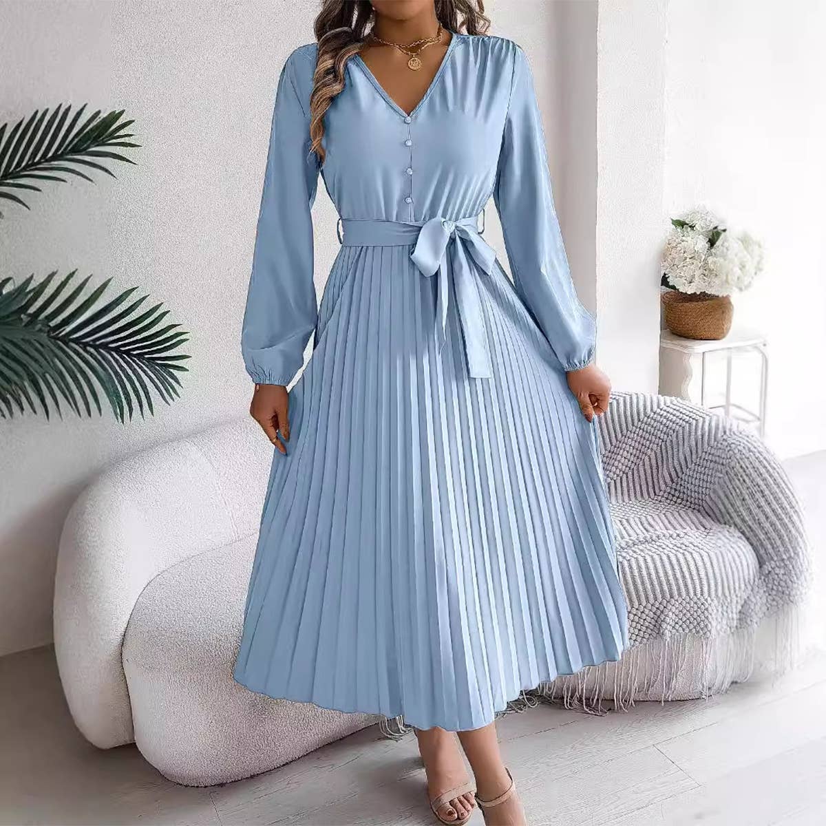 V-NECK BUTTON-UP LONG PLEATED DRESS