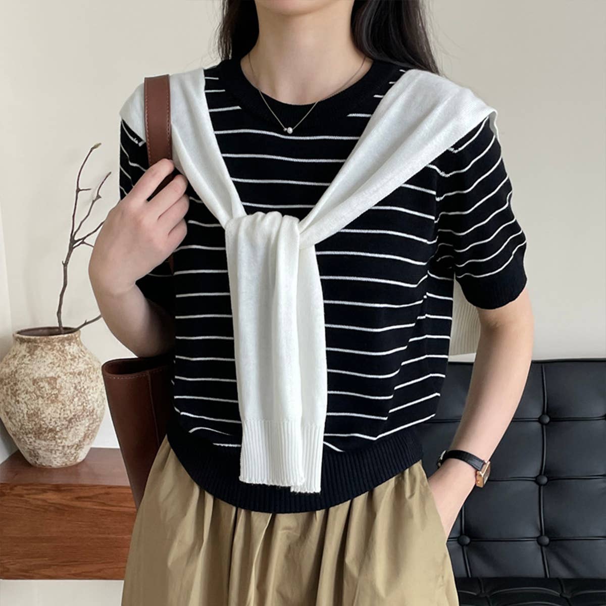 Literary cape striped knitted blouse two-piece set