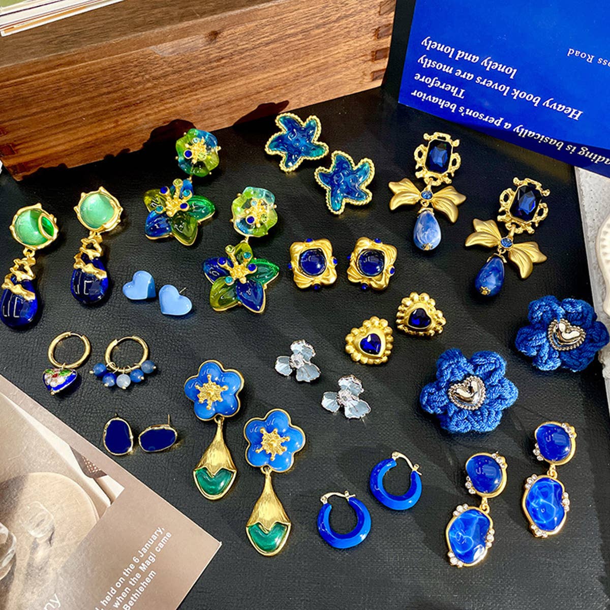 WOMEN RETRO BLUE SERIES GEMSTONE EARRINGS