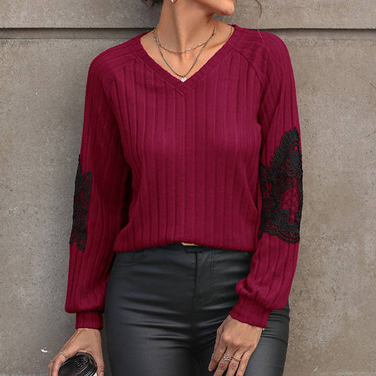 LONG SLEEVE V-NECK T-SHIRT LACE PATCHWORK TOP