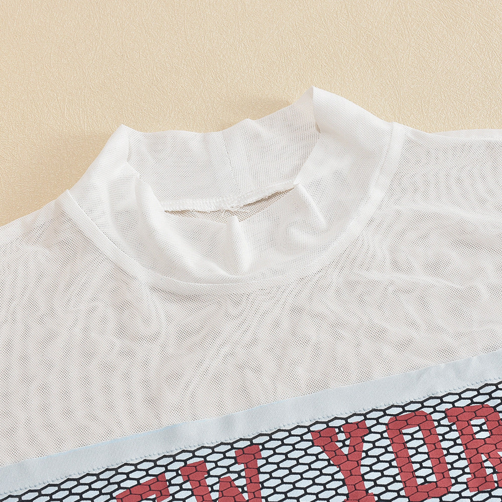 Textured Mesh Splicing Printed Casual T Shirt