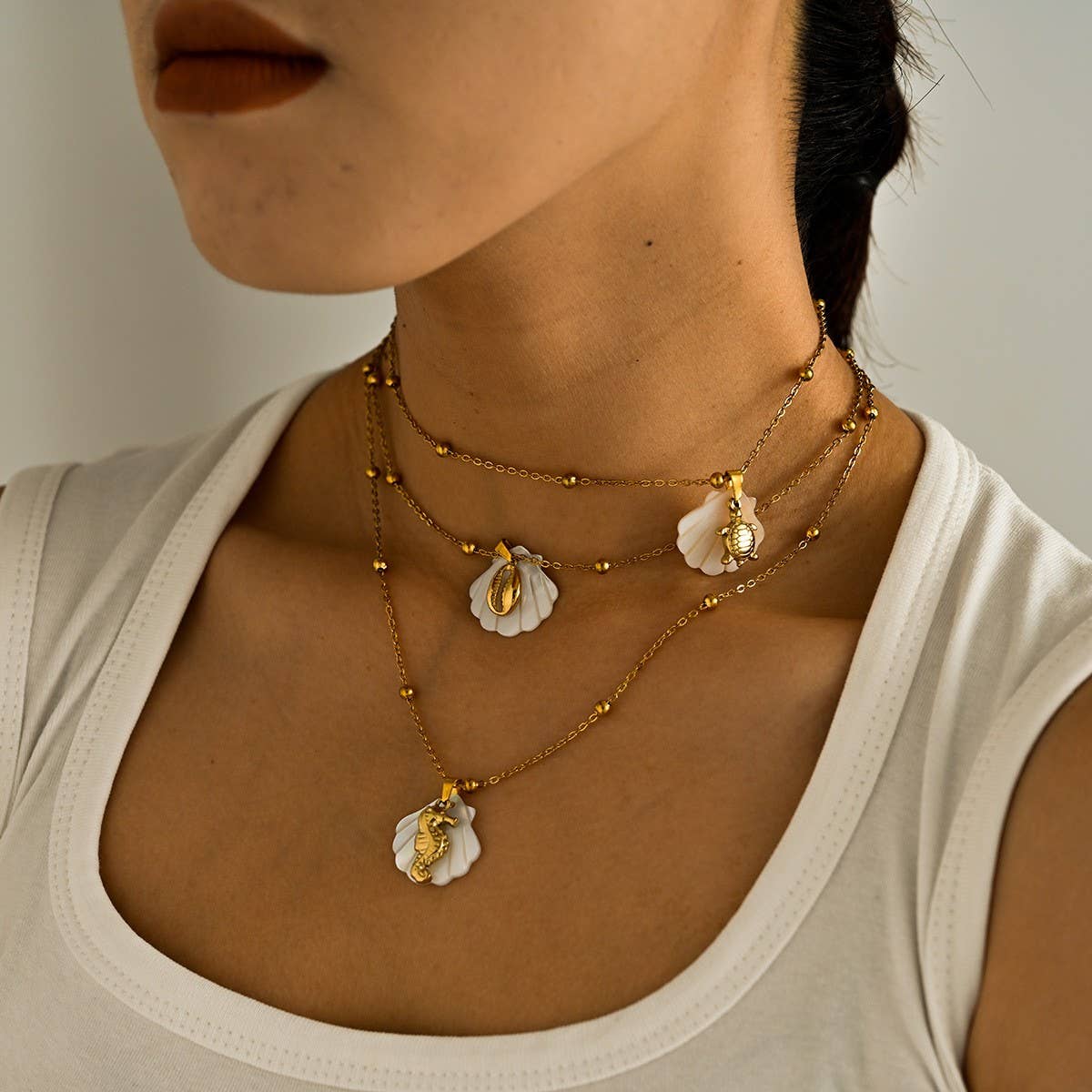 Summer Beach Steel Shell & Starfish Necklace_CWMM8862