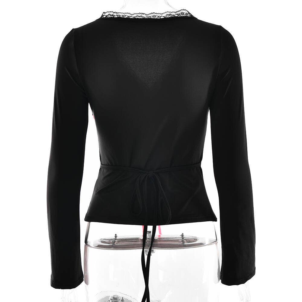 V-neck lace-trimmed bow sexy slimming T-shirt