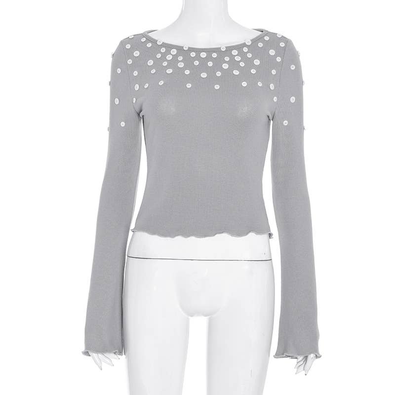 Solid-color round-neck button-decorated T-shirt