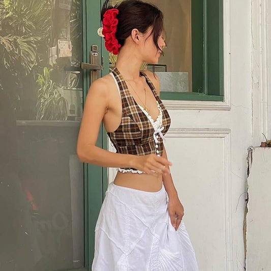 French Chic Halter Plaid Crop Vest