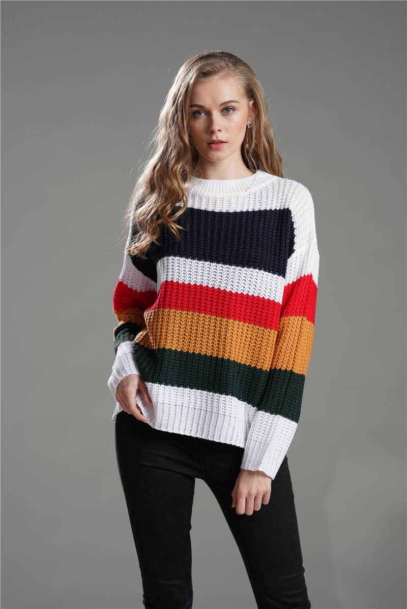 WOMEN'S LOOSE RAINBOW PATCHWORK PULLOVER SWEATER