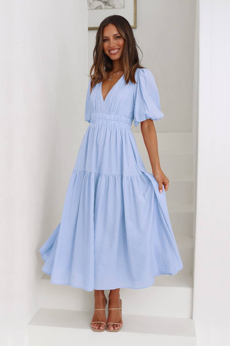 CWDSD8159_LANTERN SLEEVE TIERED FLARE MIDI DRESS