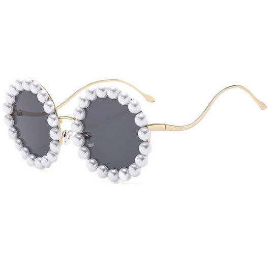 Pearl-Embellished Metal Round Gradient Sunglasses_CWASG1174