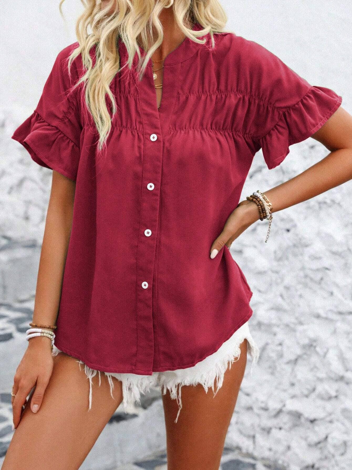 Women¡¯s casual pleated button-down linen shirt