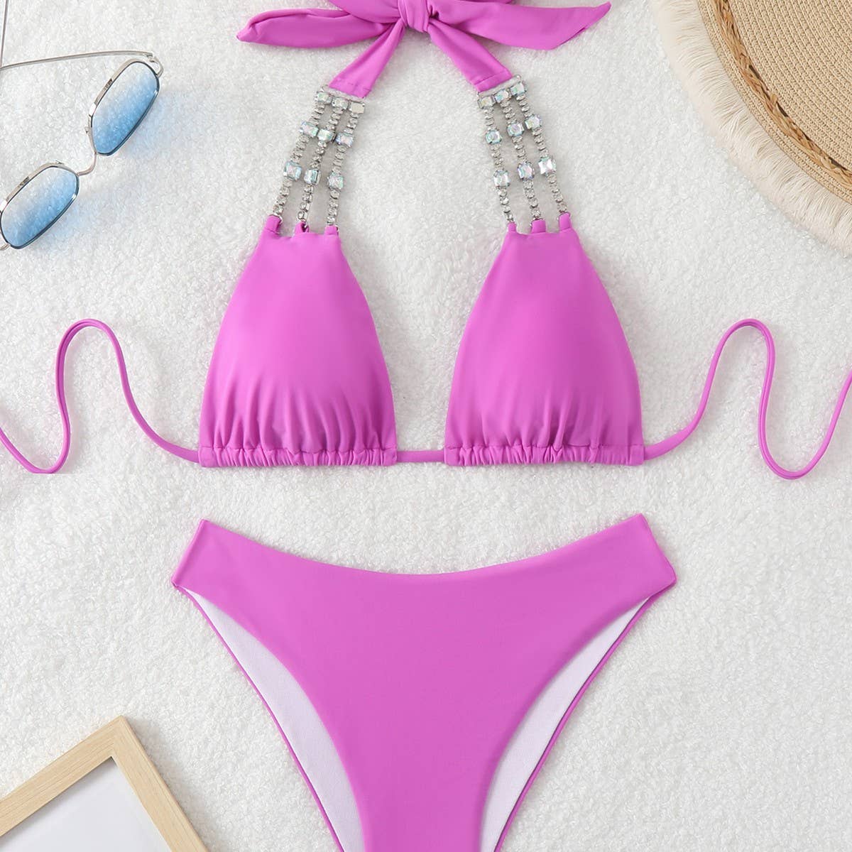 HALTER BIKINI SOLID COLOR TWO PIECE SWIMSUIT