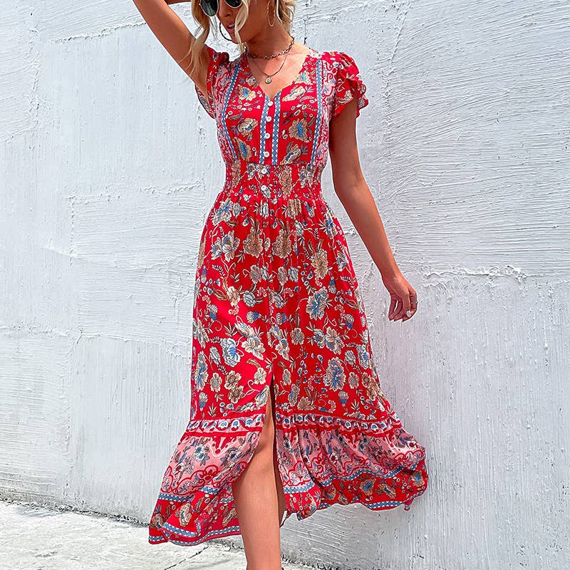 V-neck waist flower sleeve slit dress