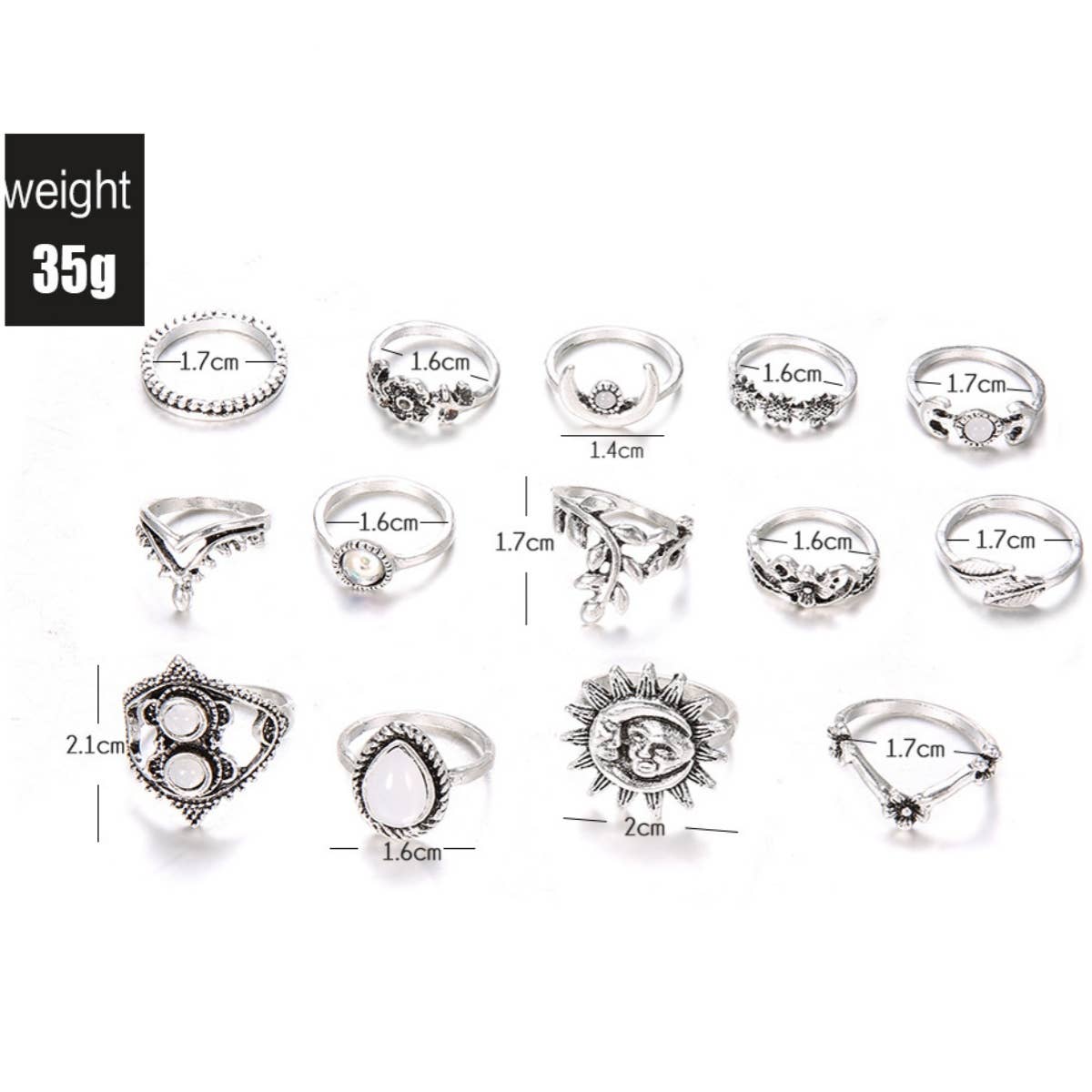 CWASC1952_WATER DROP SUNFLOWER MOON SUN HOLLOW RING SET