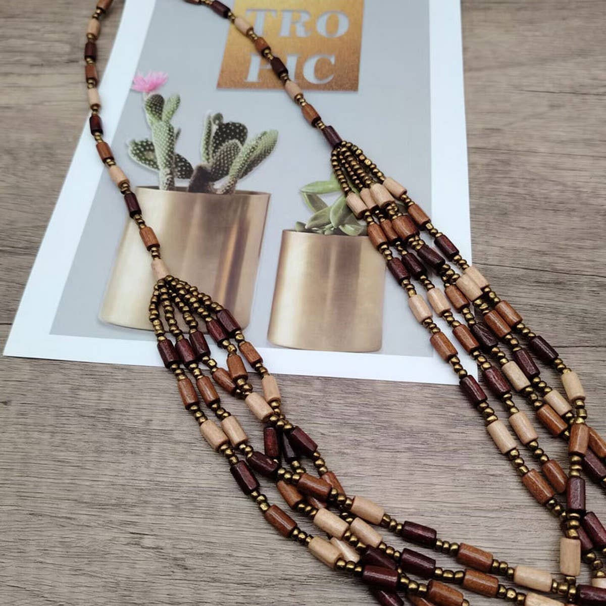 VINTAGE SMALL WOODEN TUBE MULTI-LAYER BEAD NECKLACE