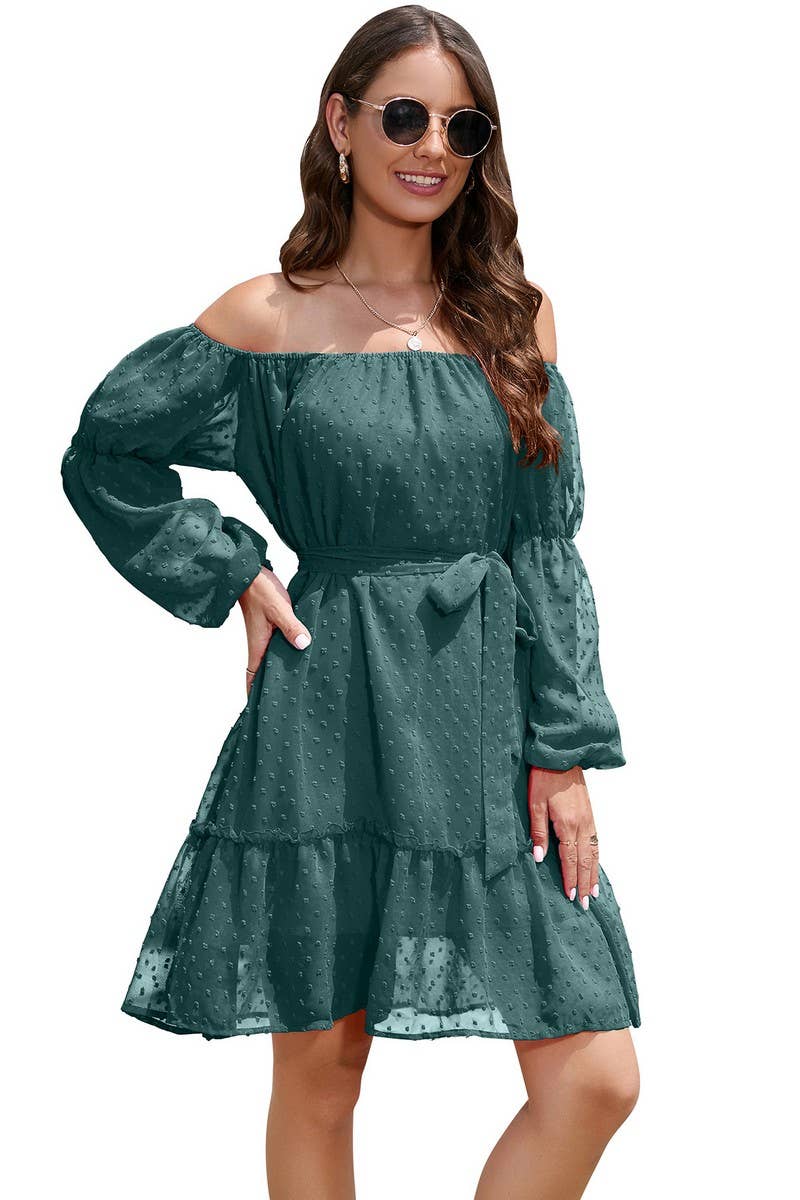 CWDSD8400_OFF SHOULDER POM POM CHIFFON BELTED DRESS